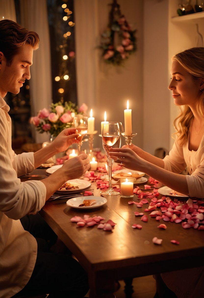 A cozy candlelit dinner setting with a beautifully set table, adorned with soft rose petals and twinkling fairy lights. A couple sharing a loving glance over a gourmet meal, their hands gently touching across the table. Warm, inviting colors fill the scene, creating an atmosphere of romance and intimacy. super-realistic. warm tones. soft focus.