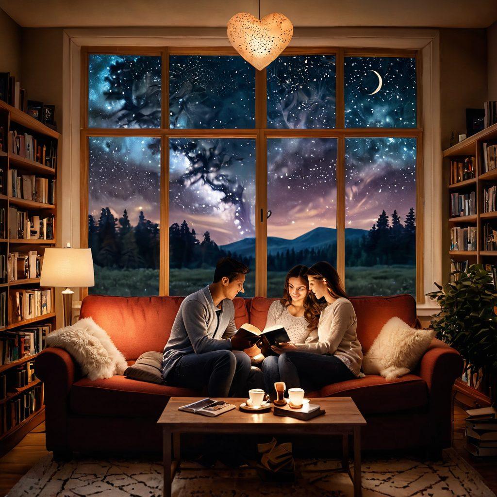 A romantic scene of a couple sitting together on a cozy couch, surrounded by books on love and relationship advice, with dim warm lighting creating an intimate atmosphere. Subtle heart-shaped decorations and a steaming cup of tea on a side table to symbolize warmth and connection. The backdrop features a large window displaying a starry night sky. super-realistic. soft warm colors. intimate and cozy vibe.