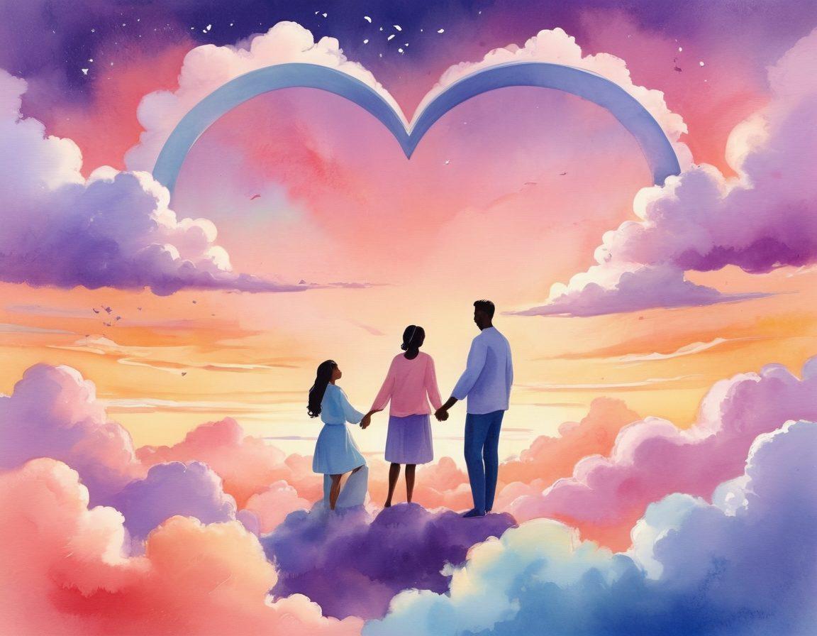 An enchanting scene showcasing six diverse couples communicating in various love languages, each surrounded by symbols representing words of affirmation, acts of service, receiving gifts, quality time, and physical touch. The background features a heart-shaped cloud in pastel colors, symbolizing love. Each couple should radiate joy and connection, emphasizing the depth of their affection. Soft, warm lighting creates a romantic atmosphere. watercolor painting. vibrant colors.